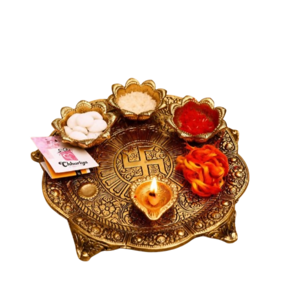 Chhariya Crafts Metal Pooja Thali With Diya | Grocsy
