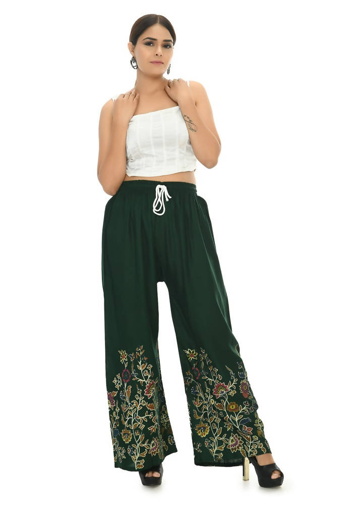 Mominos Fashion Moeza Reyon Cotton Bottle Green Floral Palazzo | Grocsy