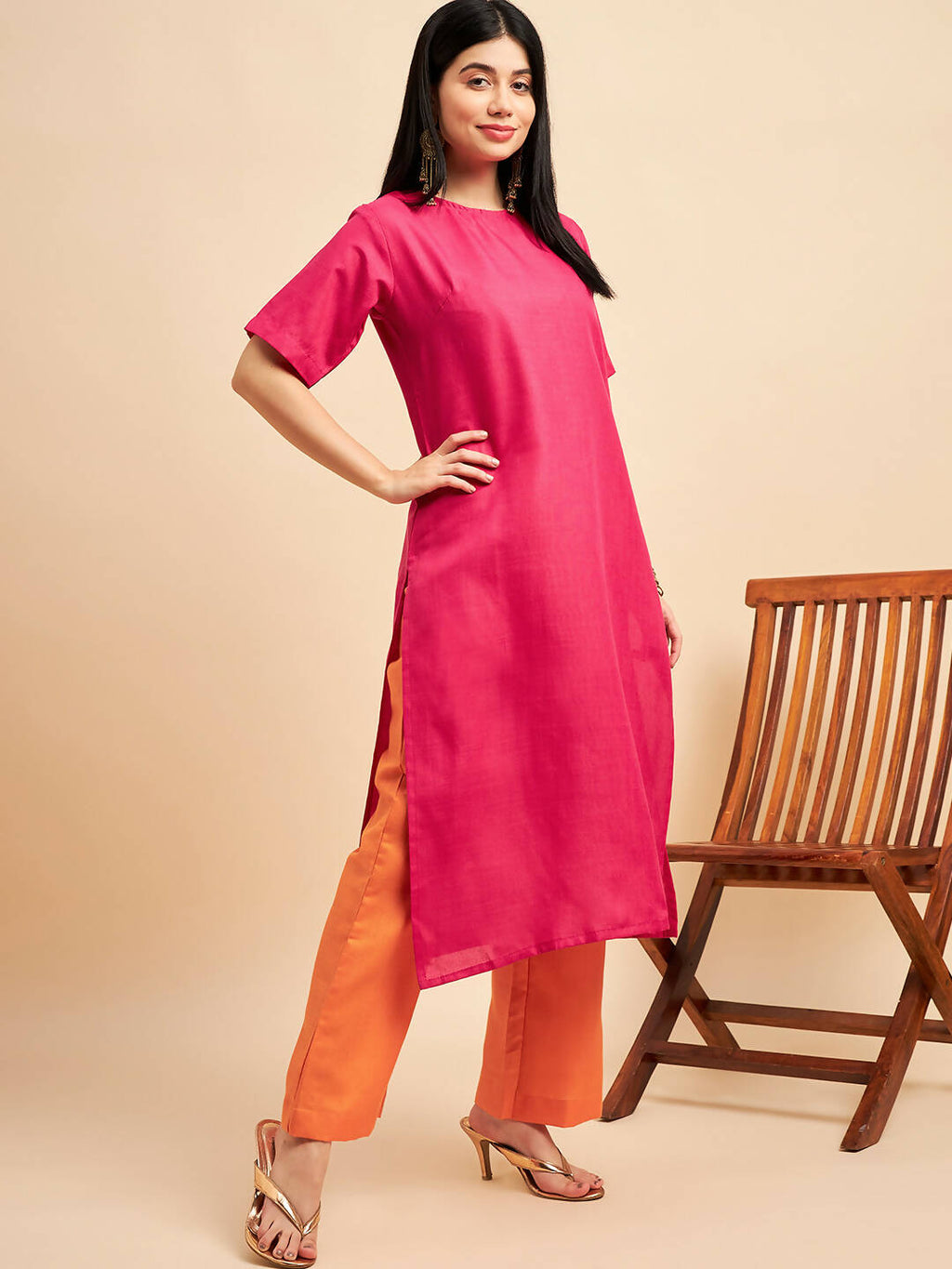 Pink Polyester solid Kurta with Palazzos - Vishwa | Grocsy