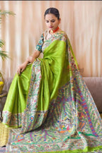 Exclusive Collection Light Green Beautiful Khadi Ghicha Handloom Saree | Grocsy