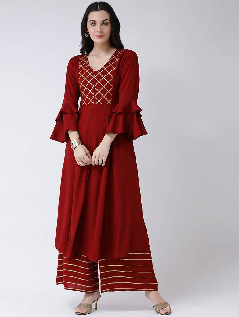 Cheera Maroon A-Line kurta With Palazzo Pant Set (CH129KP) | Grocsy