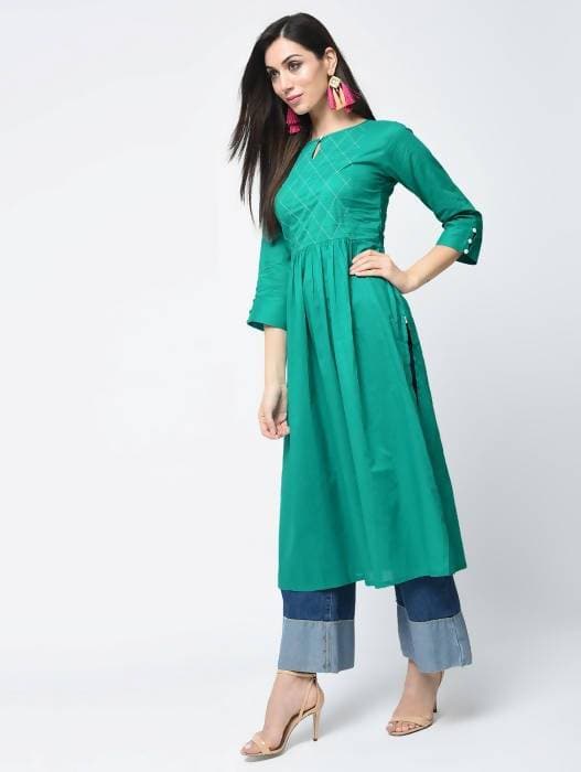 Aniyah Cotton Solid Flared Kurta With Key Hole Neck In Turquoise (AN-104K) | Grocsy