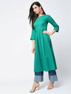 Aniyah Cotton Solid Flared Kurta With Key Hole Neck In Turquoise (AN-104K) | Grocsy