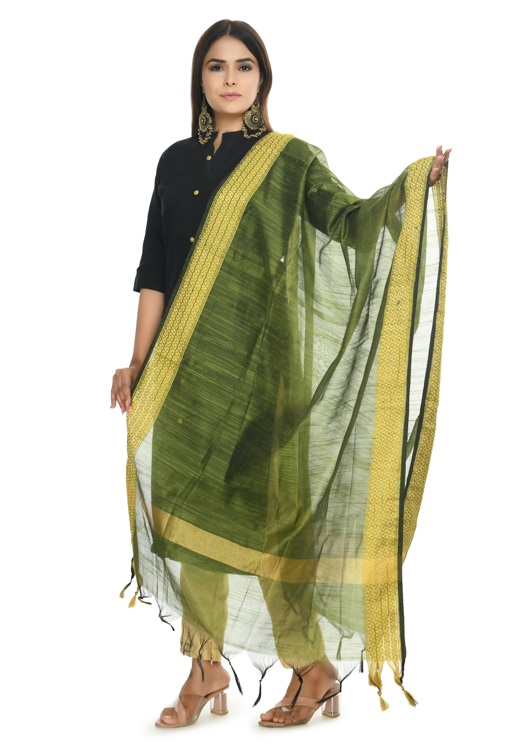 Mominos Fashion Moeza Handloom Cotton Mehndi Green Dupatta | Grocsy