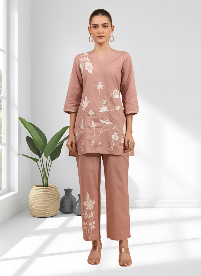Joban Fashion Powder Pink Cotton, Linen Embroidered Readymade Cord Set | Grocsy