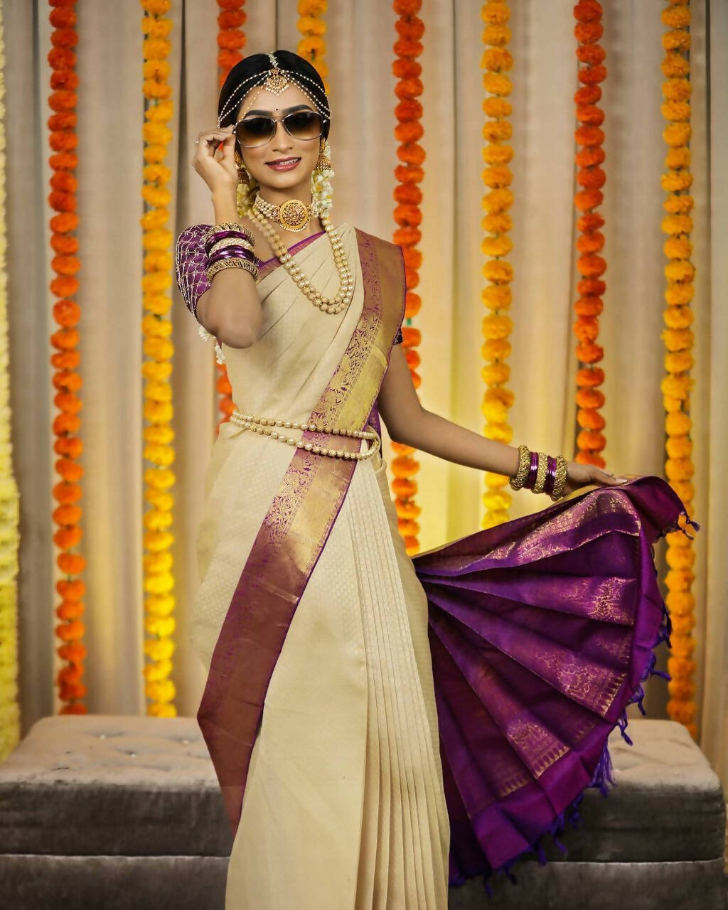 DEIANA'S Beautiful Designer Golden zari Soft Lichi Silk Saree - Cream | Grocsy