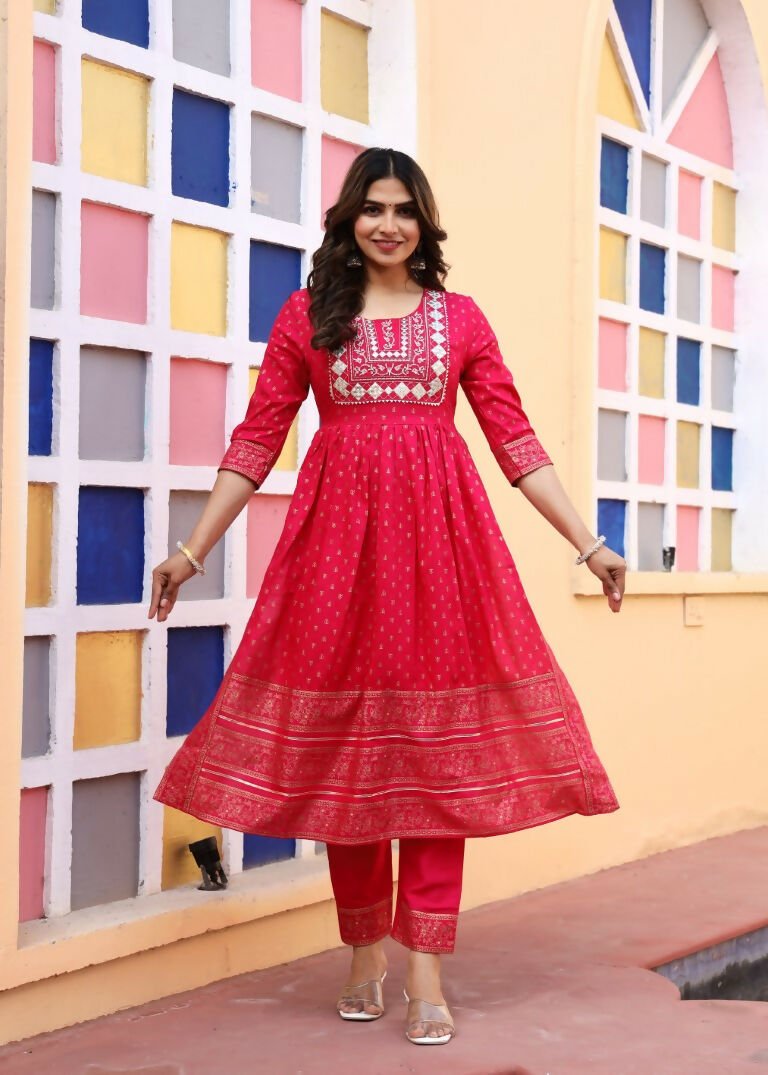 Alvano Women's A-line Naira Cut Embroidery work Print Kurti with Pant and Dupatta set Rayon (Red) | Grocsy