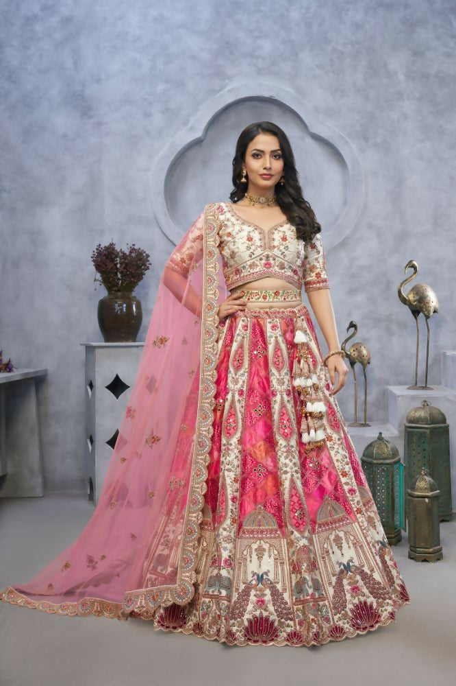Kesar Fab Ivory Organza Embroidered Lehenga | Grocsy