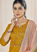 Jyoti Fashion Women's Mustard Pure Viscose Weaving Stripe with Embroidery Kurta Set | Grocsy