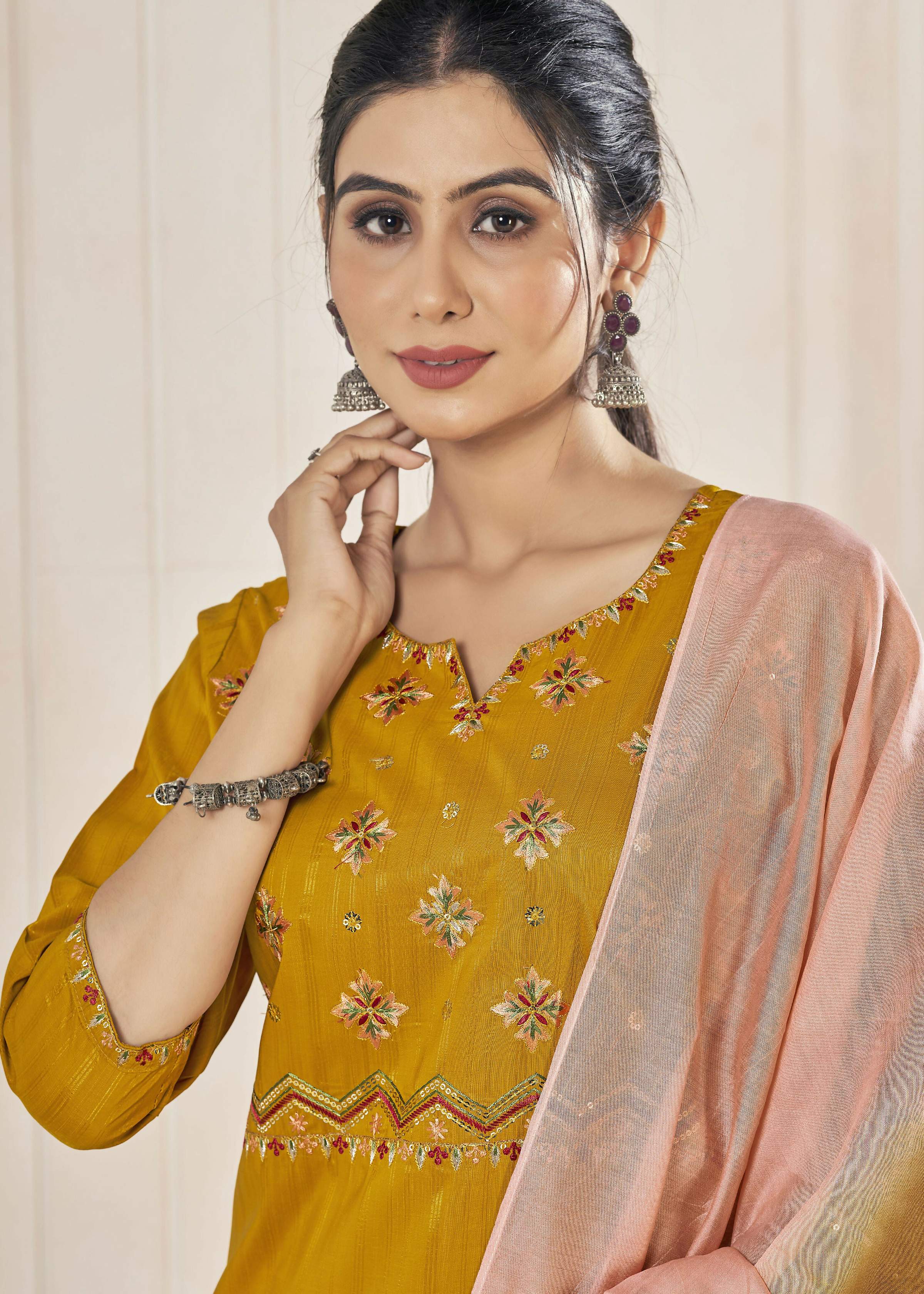 Jyoti Fashion Women's Mustard Pure Viscose Weaving Stripe with Embroidery Kurta Set | Grocsy