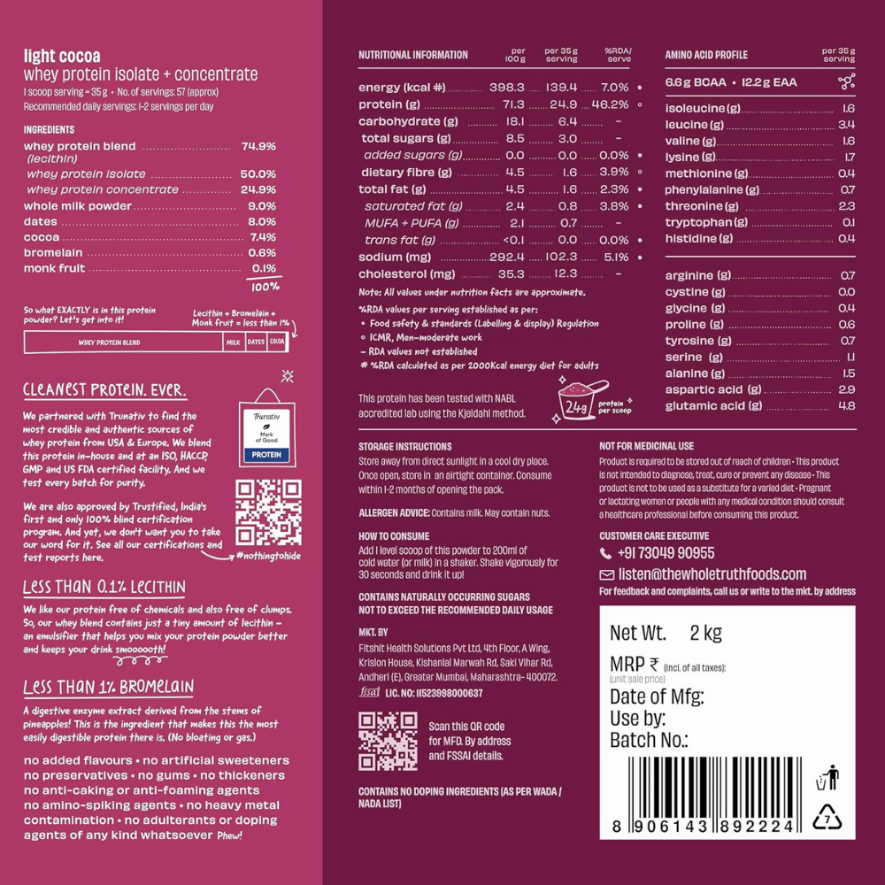The Whole Truth Whey Protein Isolate+Concentrate - Light Cocoa | Grocsy
