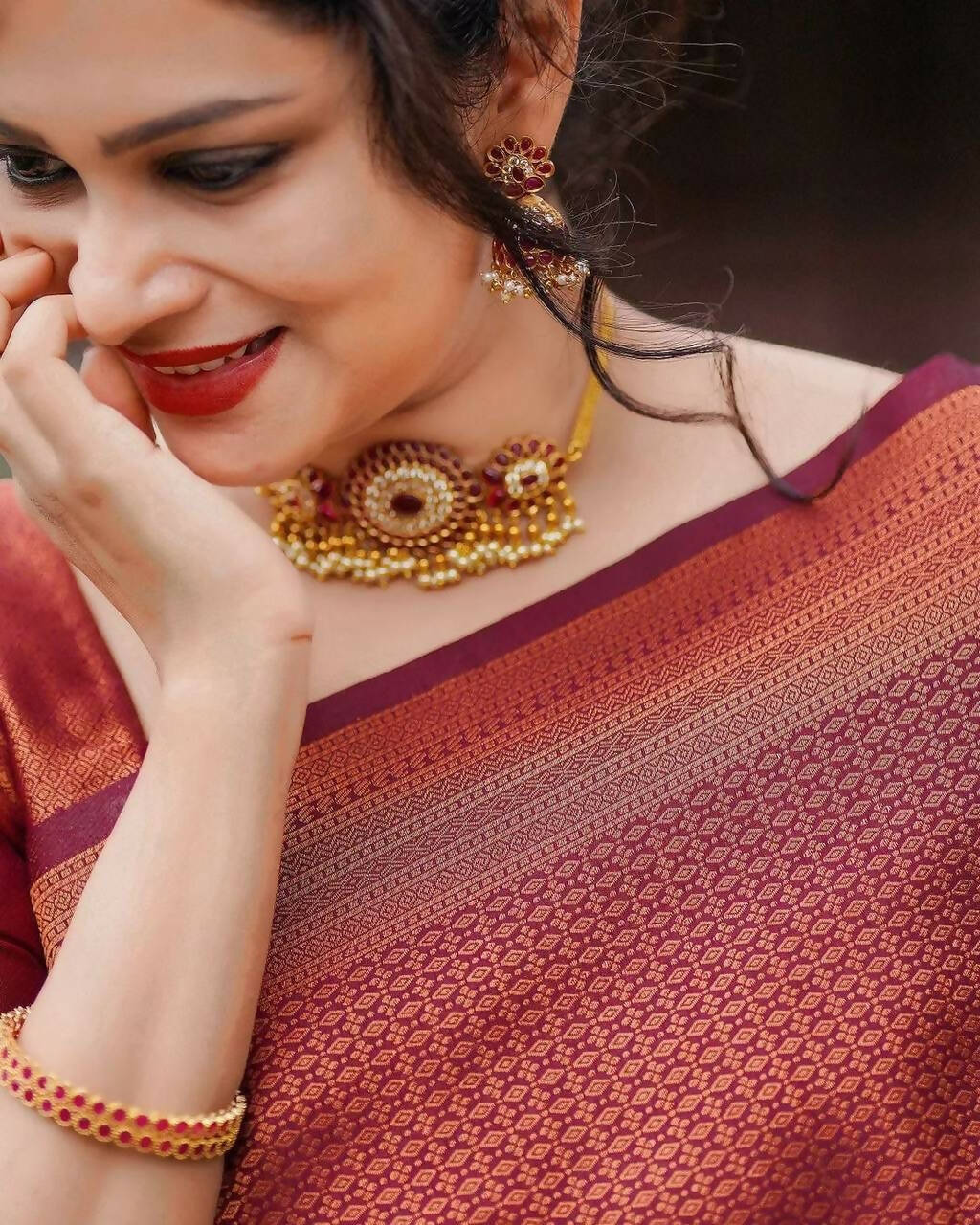 DEIANA'S Beautiful Designer Golden zari Soft Lichi Silk Saree - Maroon | Grocsy