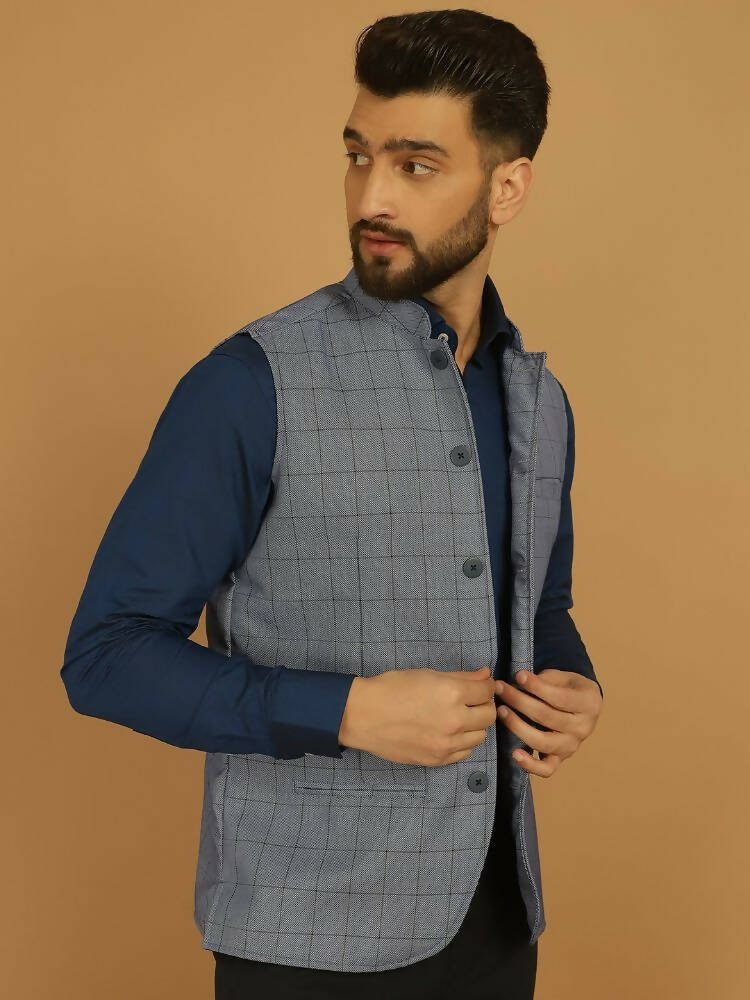 Even Apparels Nehru Jacket With Welt Pockets - Blue | Grocsy
