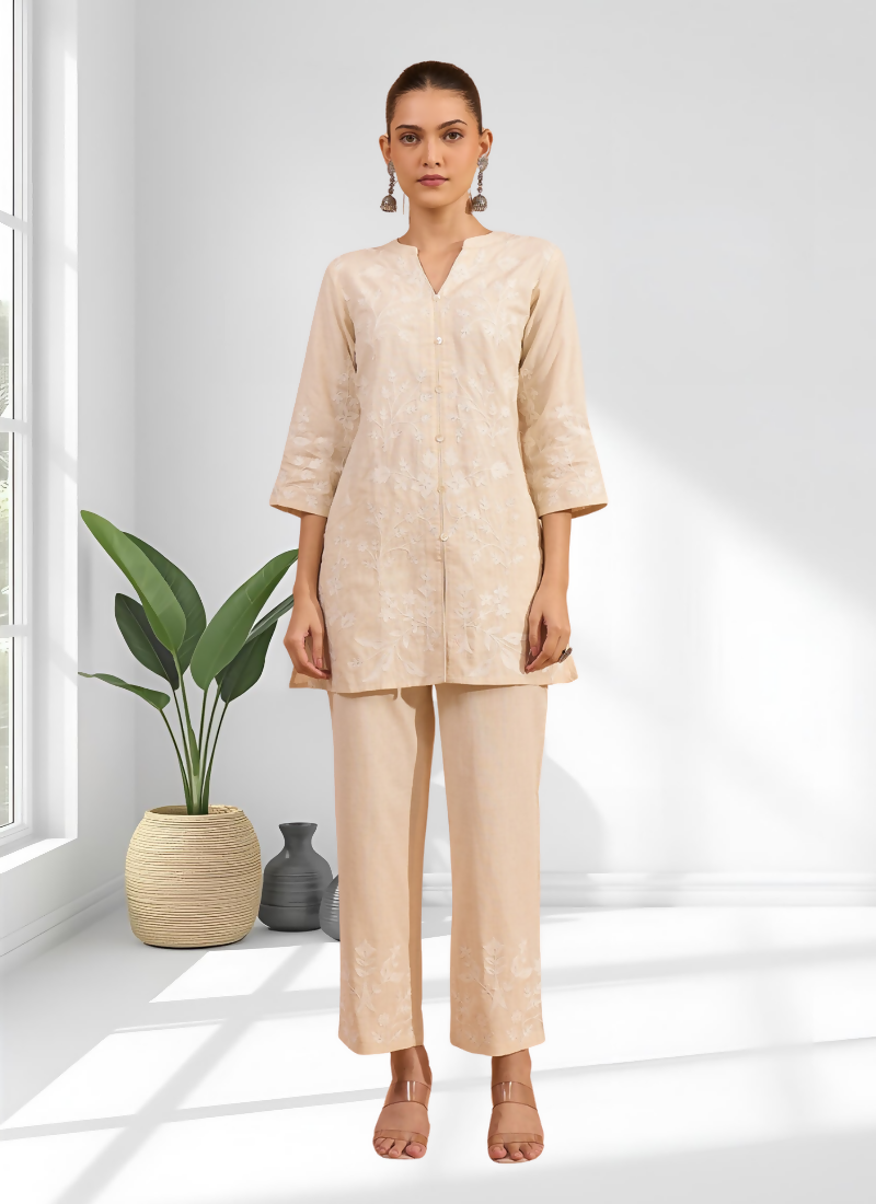 Joban Fashion Cream Linen Embroidered Readymade Cord Set | Grocsy
