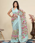 Teeya Creation Womens Latest Stylish Party Wear Soft Net Saree-Blue | Grocsy