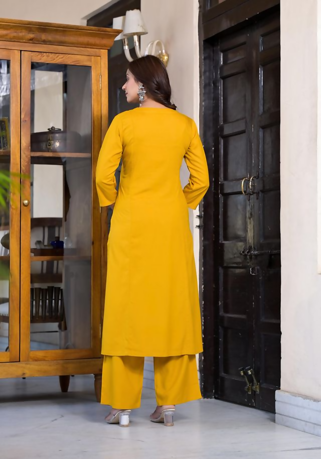 Juniper Women's Mustard Thread Embroidered Rayon Kurta Set | Grocsy