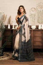 Joban Fashion White & Grey Ethnic Motifs Linen Ready To Wear Saree With Unstitched Blouse | Grocsy