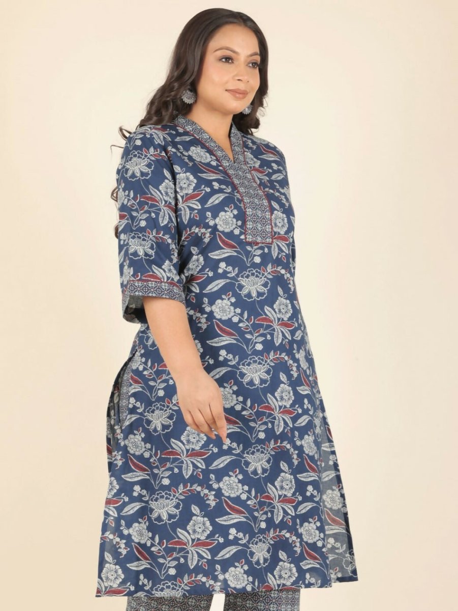 Aramya Blue Soft Cotton Floral Straight Kurta for Women | Grocsy