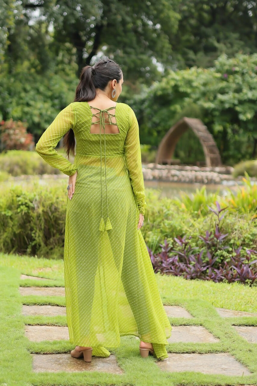 Vastranavya Parrot Green Navratri Special Kutchi Patch Work with Leheriya Printed Kurti | Grocsy
