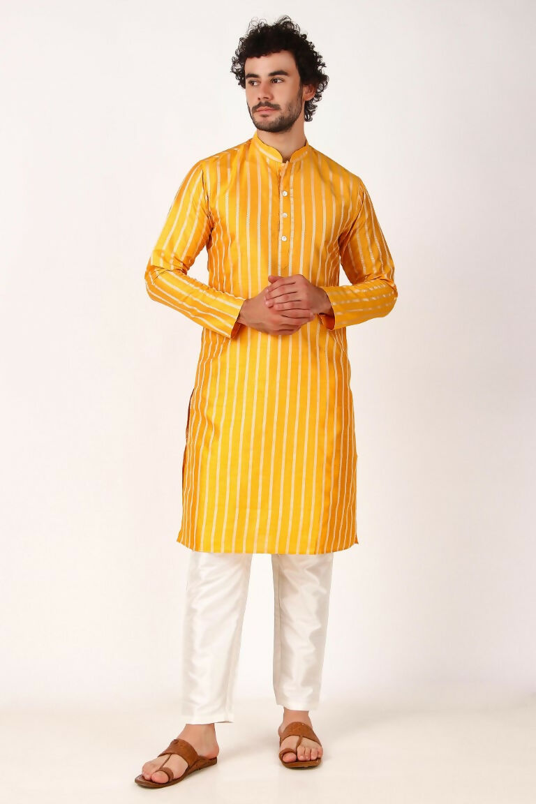 Yellow Art Silk Woven Designer Men's Rajwadi Kurta Set - Mahotsav | Grocsy