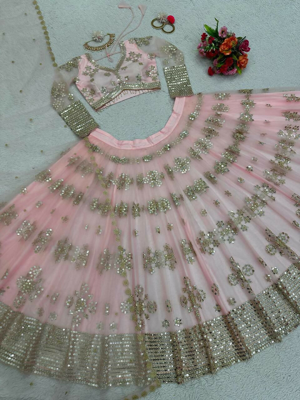Jyoti Fashion Women's Baby Pink Butterfly Net 9MM Sequins with Thread Embroidered Designer Lehenga Choli Set | Grocsy