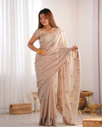 Vamsee Mumtaz Cream Crunchy Crush Saree | Grocsy