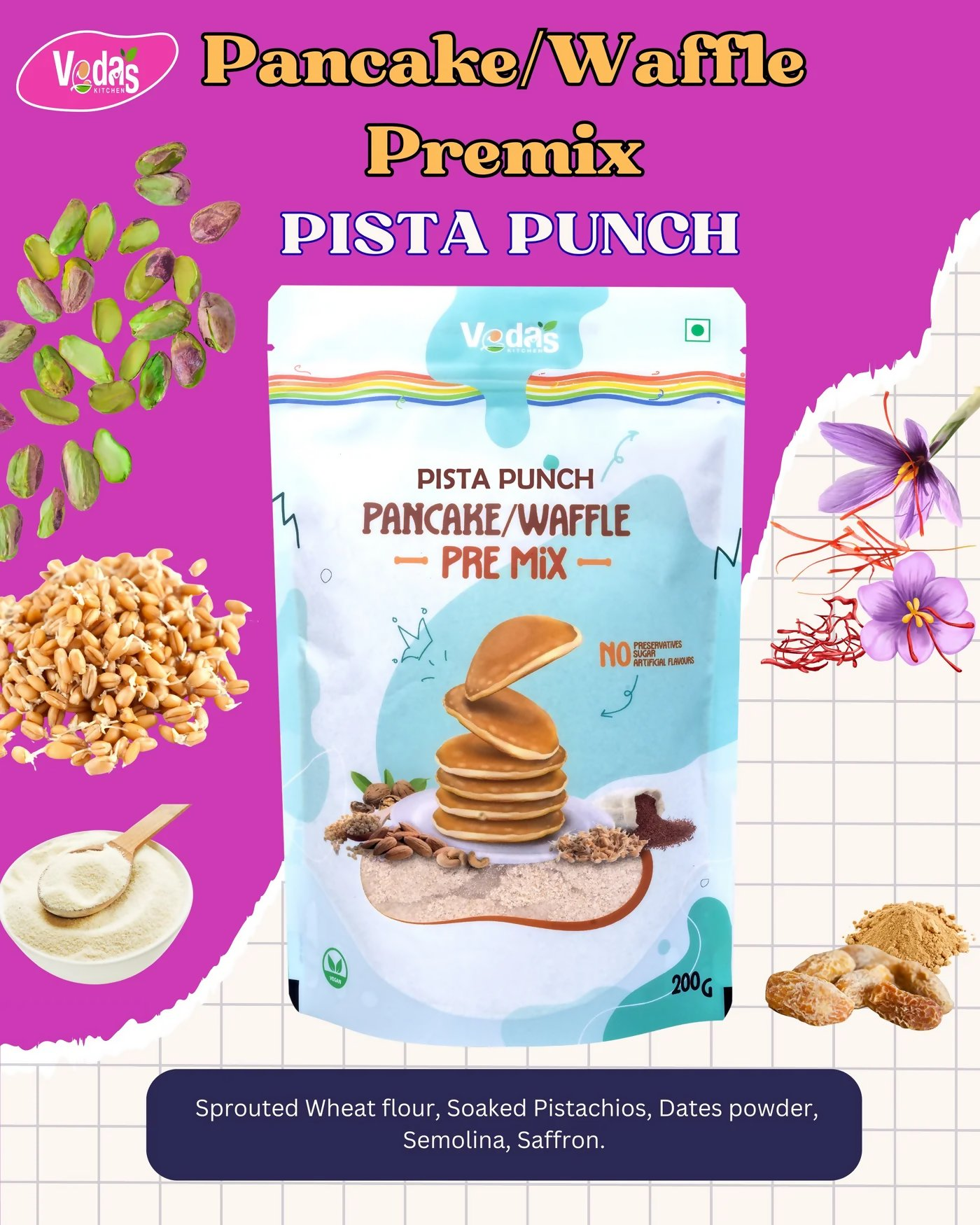 Vedas Kitchen Pista Punch Waffle/Pancake Premix | Grocsy