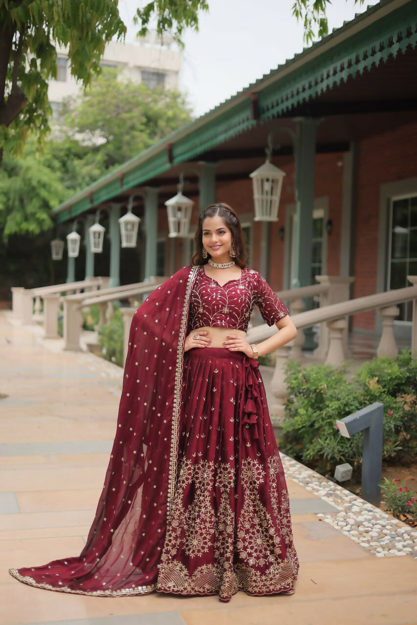 Vastranavya Designer Heavy Sequins & Thread Embroidered work Lehenga Choli - Maroon | Grocsy