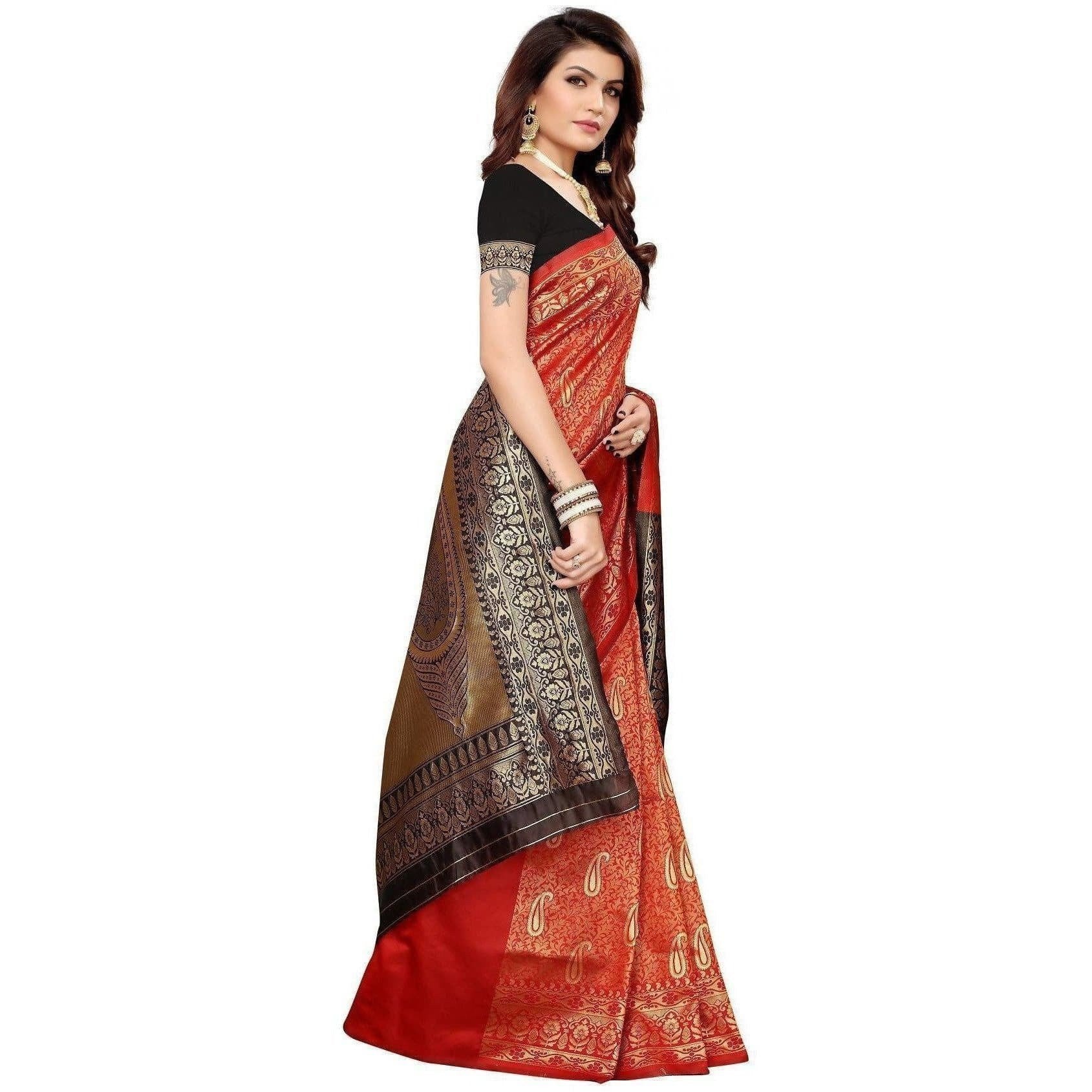 Vamika Banarasi Jaquard Red Weaving Saree (BANARASI 03) | Grocsy