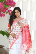 Beatitude White Cotton Jamdani Saree | Grocsy