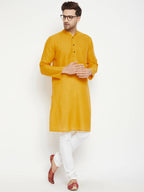 Even Apparels Yellow Pure Cotton Long Men's Kurta With Band Collar | Grocsy