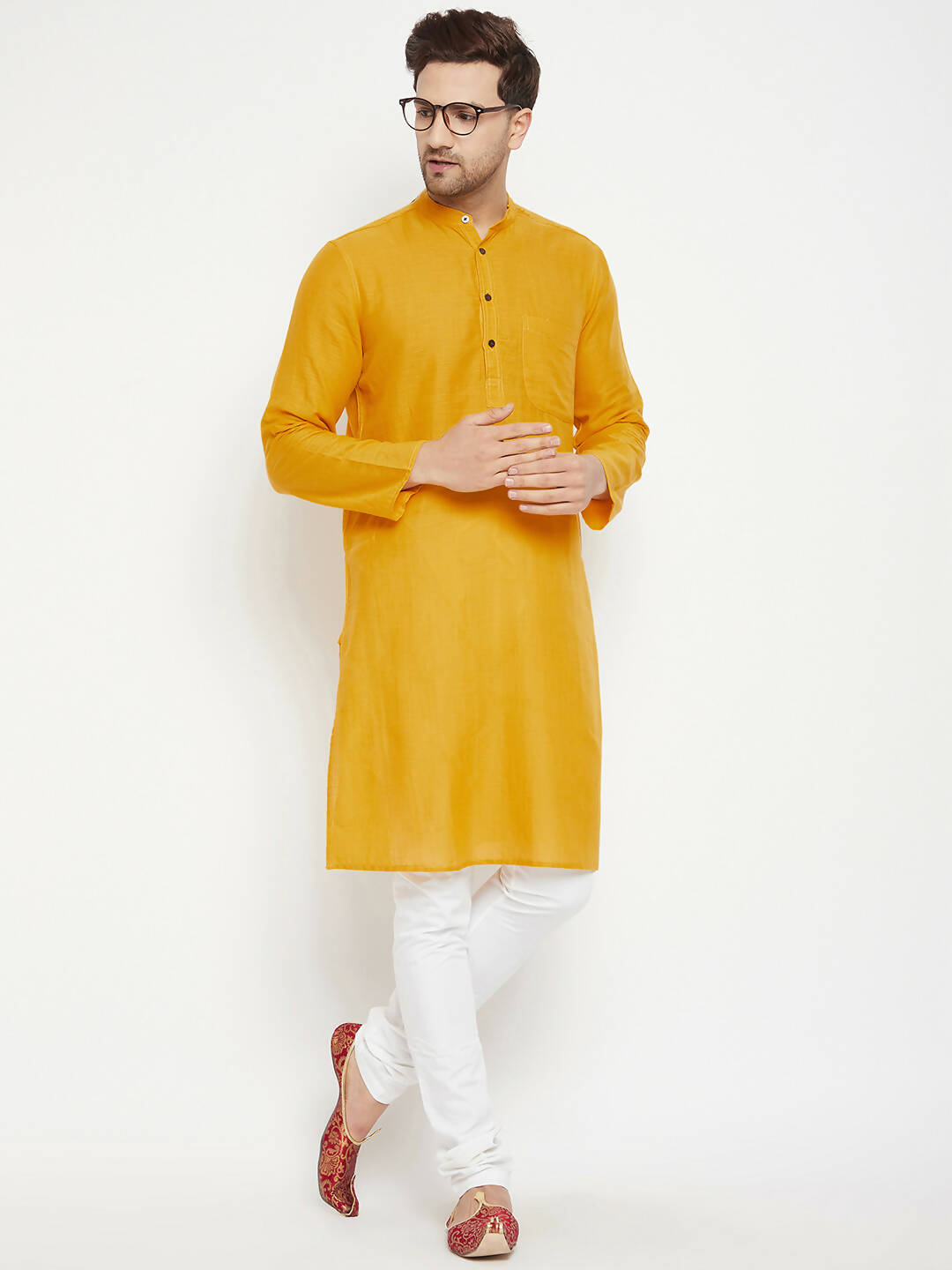 Even Apparels Yellow Pure Cotton Long Men's Kurta With Band Collar | Grocsy