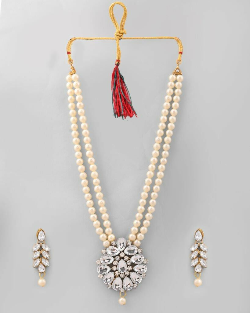 VOJ Gold-Polished Kundan Studded Pearl Long Necklace And Earrings Set | Grocsy