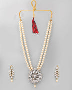 VOJ Gold-Polished Kundan Studded Pearl Long Necklace And Earrings Set | Grocsy