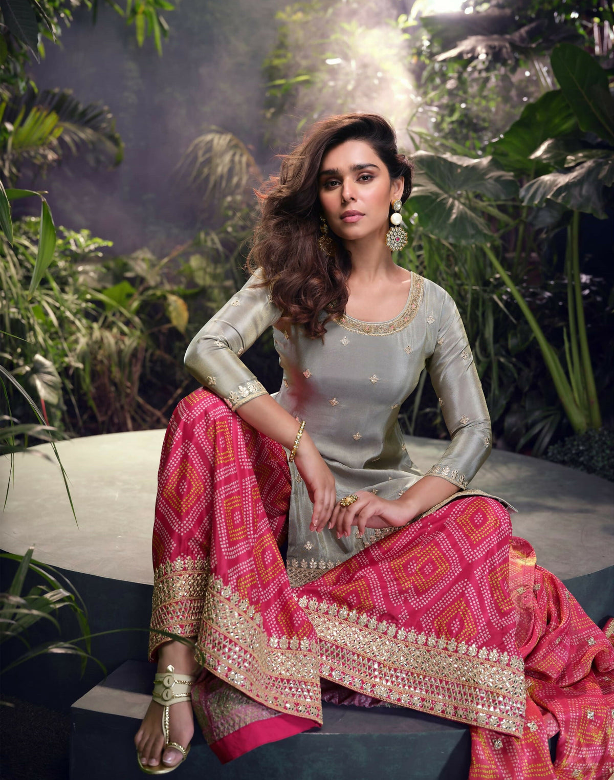 Anaita Grey Embroidered Shimmer Stitched Plazo suit | Grocsy
