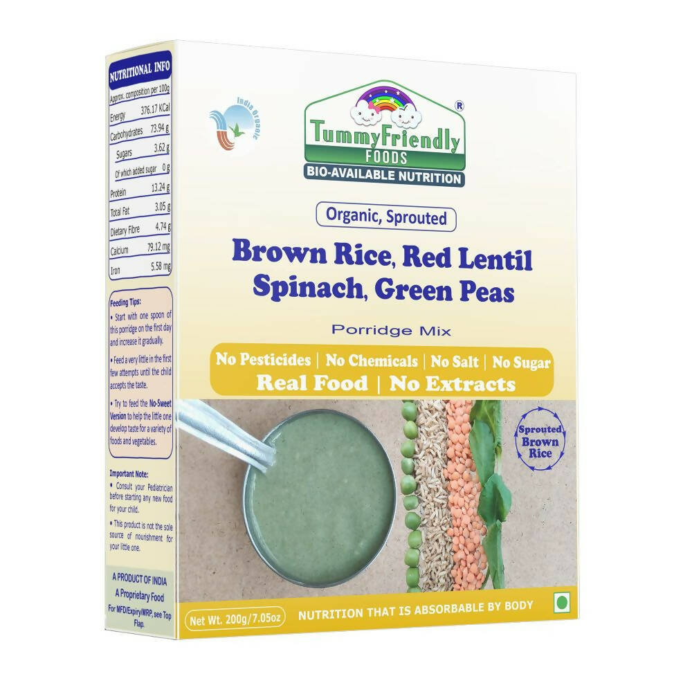 TummyFriendly Foods Certified Organic Sprouted Brown Rice, Red Lentil, Spinach, Green Peas Porridge Mix | Grocsy