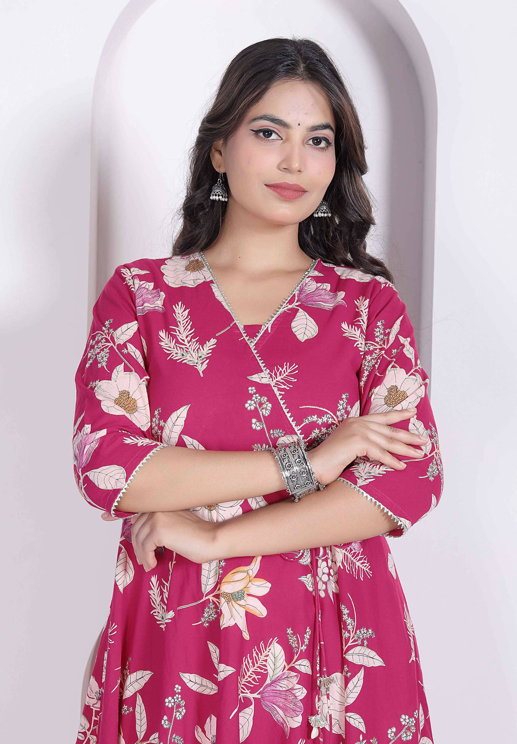 Miravan Womens Pink Floral Printed Angrakha Kurta | Grocsy