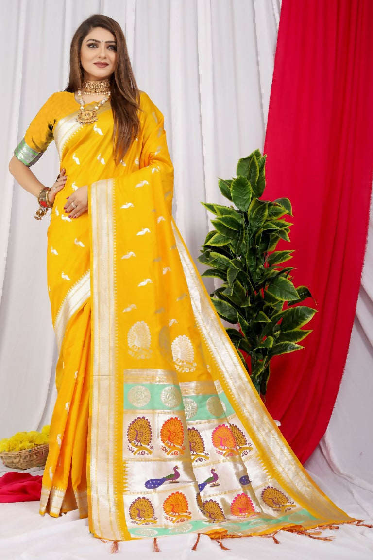 Jyoti Fashion Women's Yellow Paithani Silk Zari Woven Saree with Blouse | Grocsy