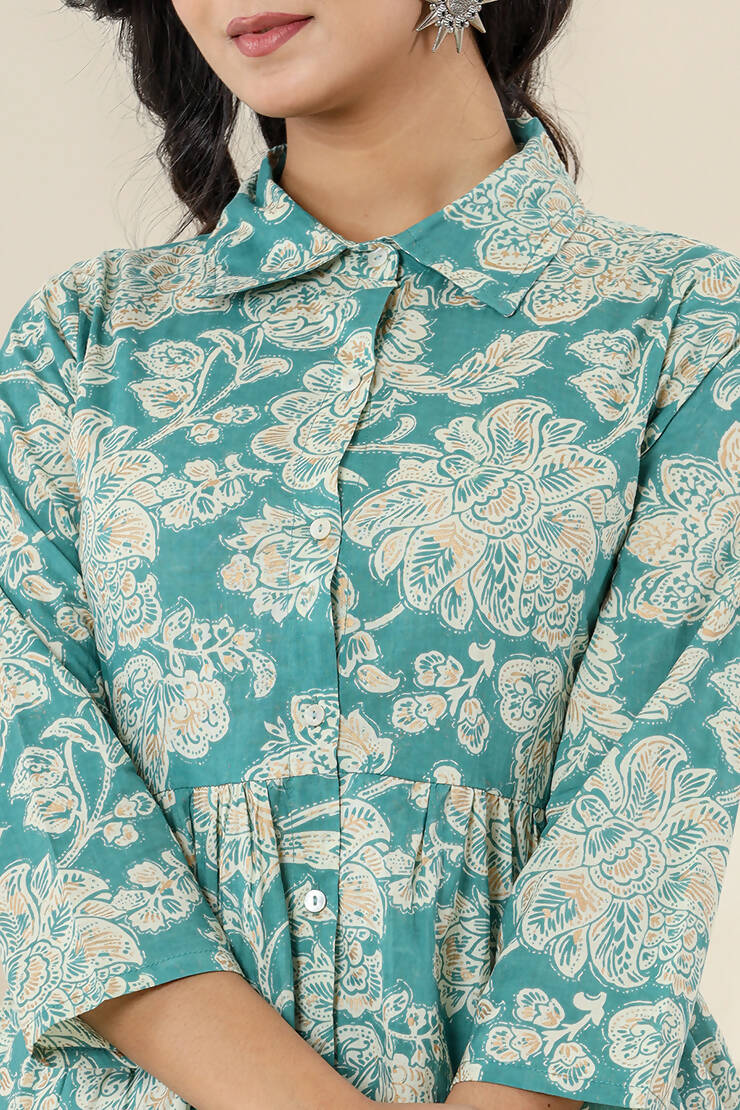 Kaajh Women's Turqouise Gold Print Cotton Co-ord Set | Grocsy