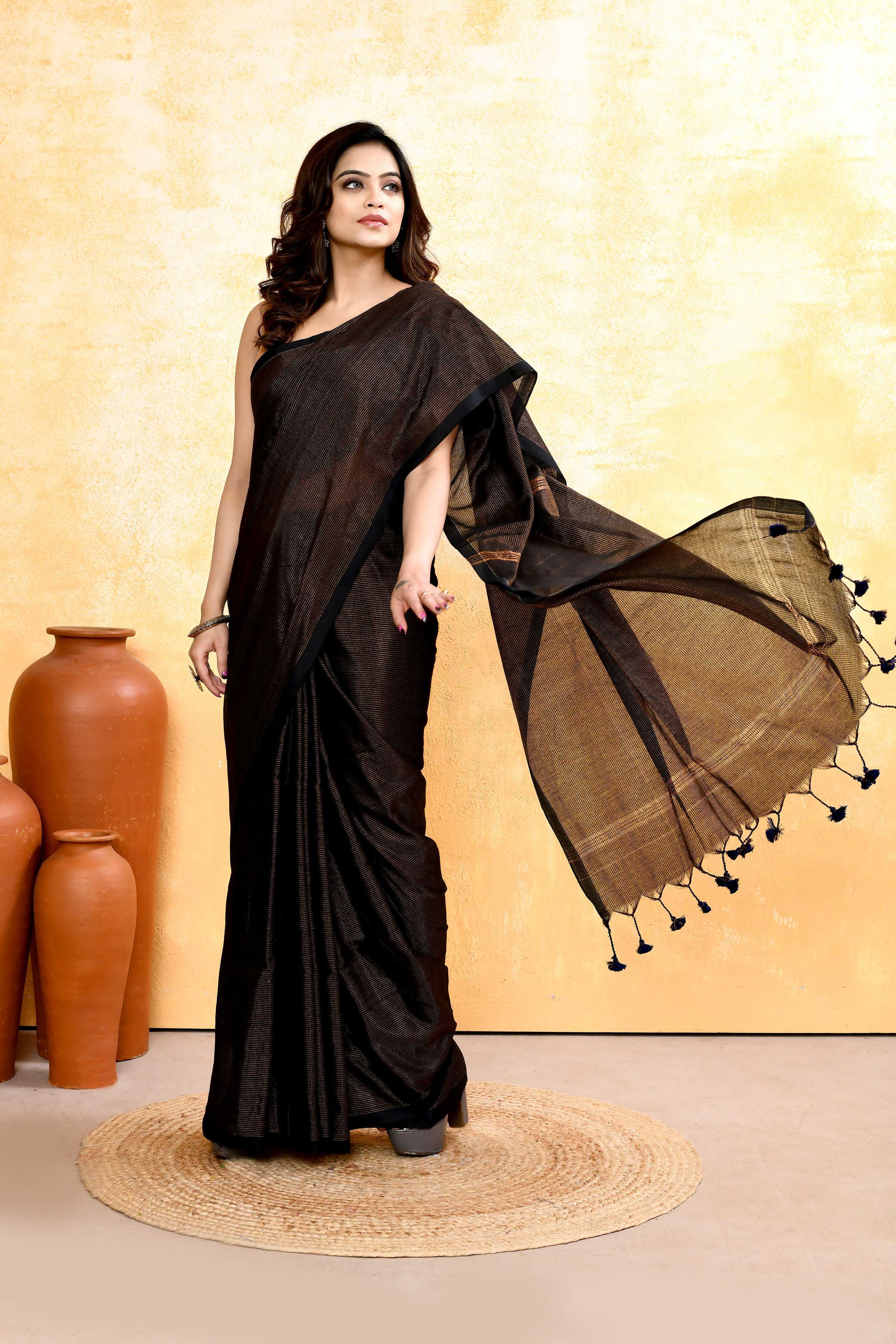 Piyari Fashion Women's Black Embellished Cotton Blend Zari Check Handloom Saree | Grocsy