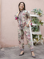 Cream Rayon Floral Printed Top with Matching Bottom - Eesha | Grocsy