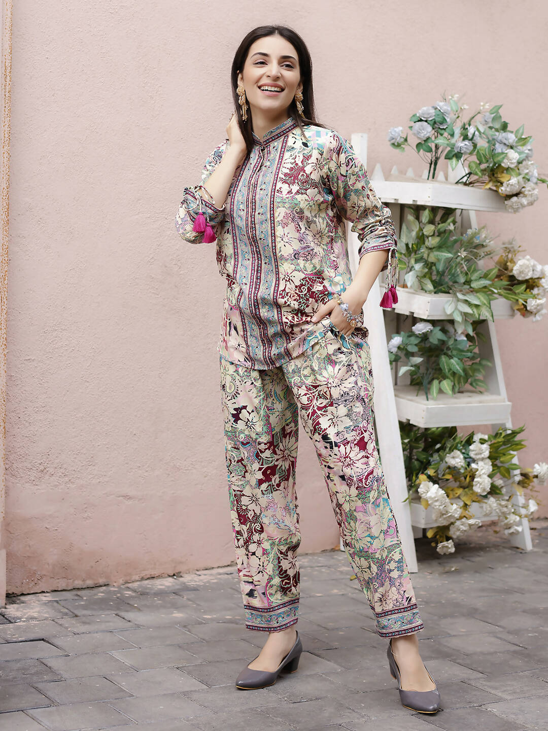 Cream Rayon Floral Printed Top with Matching Bottom - Eesha | Grocsy