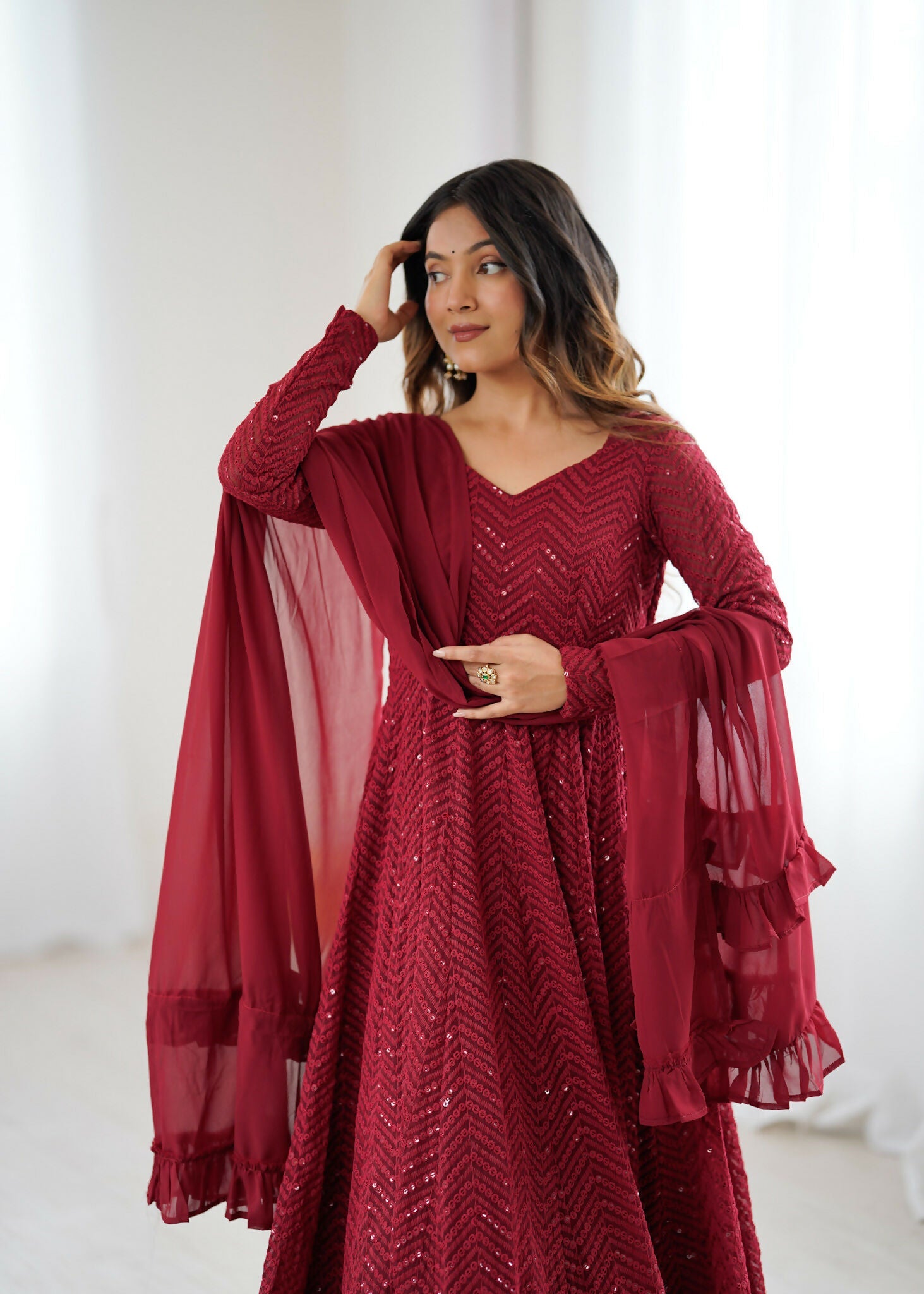 Joban Fashion Maroon Kurta Set Georgette Sequence Embroidery Work | Grocsy