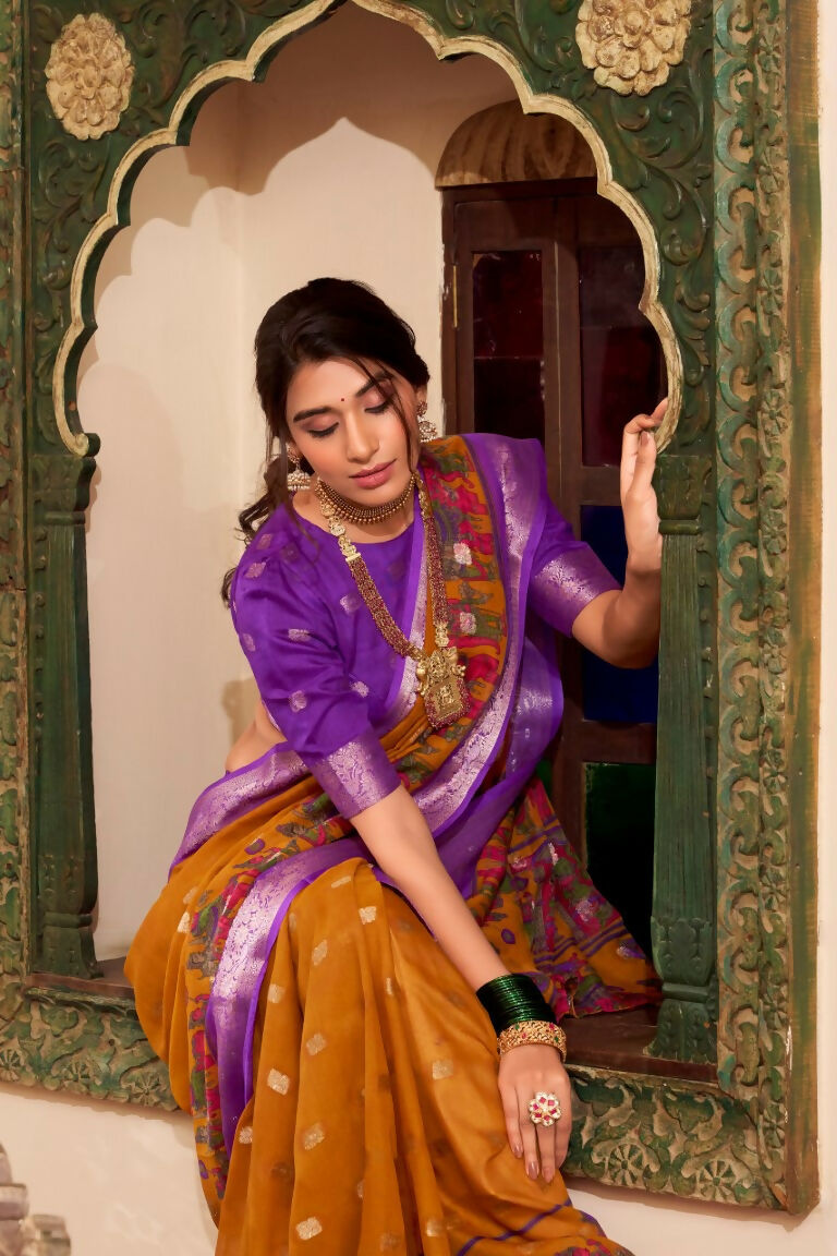 Vastranavya Mustard Poly Cotton Kalamkari Printed Saree with Unstitched Blouse | Grocsy