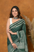 Very Much Indian Handblock Printed Cotton Saree With Natural Dyes - Leaf Green | Grocsy