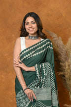 Very Much Indian Handblock Printed Cotton Saree With Natural Dyes - Leaf Green | Grocsy