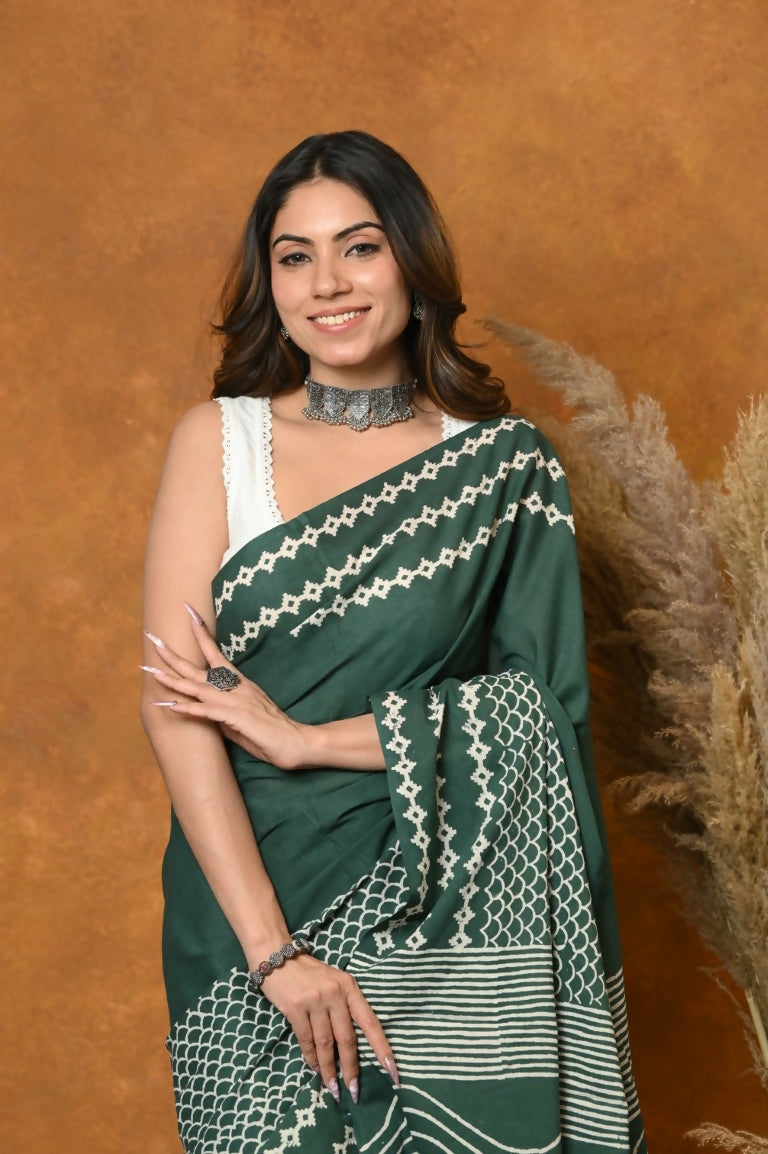 Very Much Indian Handblock Printed Cotton Saree With Natural Dyes - Leaf Green | Grocsy