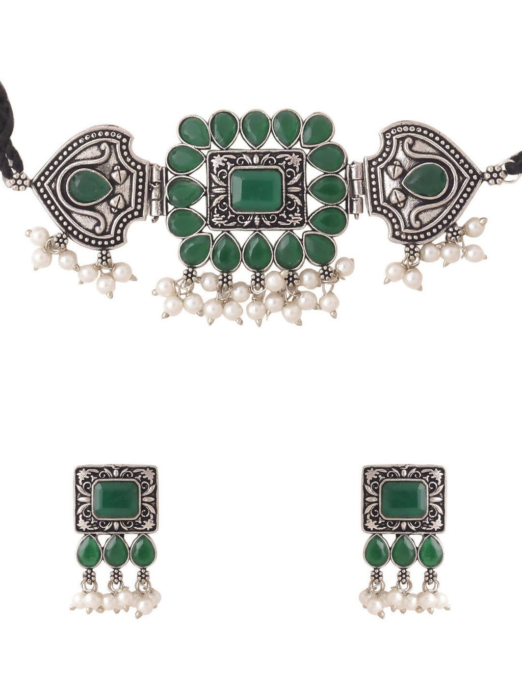 NVR Women's Oxidised Silver Plated Green Color Stone Jewellery Set With Earrings | Grocsy