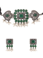 NVR Women's Oxidised Silver Plated Green Color Stone Jewellery Set With Earrings | Grocsy