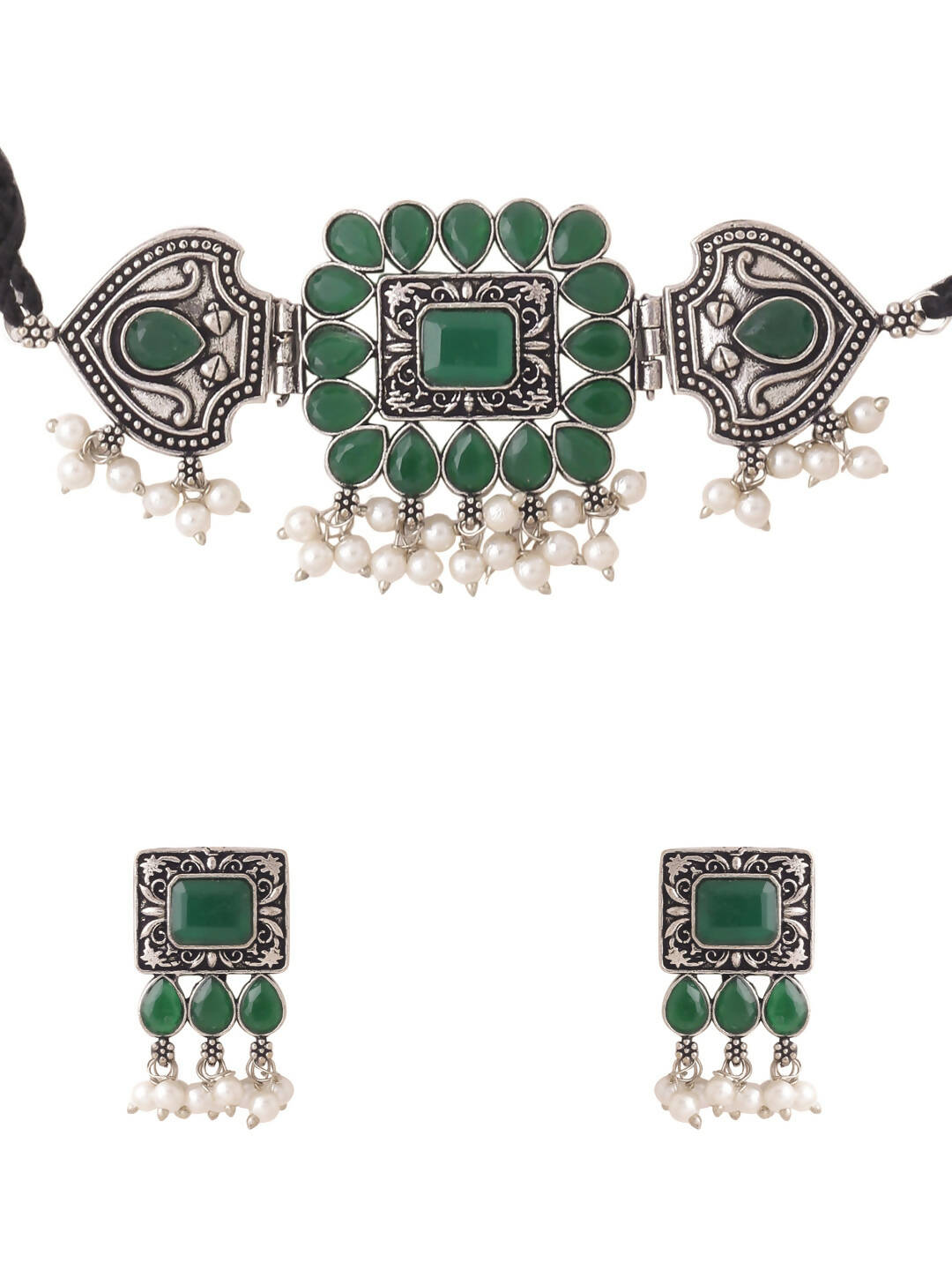 NVR Women's Oxidised Silver Plated Green Color Stone Jewellery Set With Earrings | Grocsy